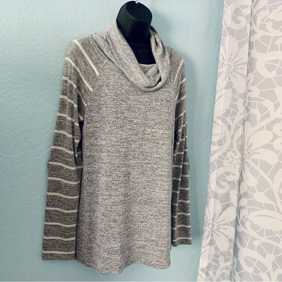 Market & Spruce Gray & White Cowl Neck Elbow Patch Knit Pullover Top Size Medium - Picture 1 of 10
